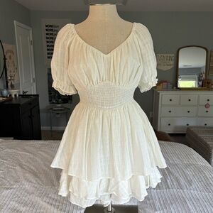 White Puff-Sleeve & Ruffle-Skirt Romper